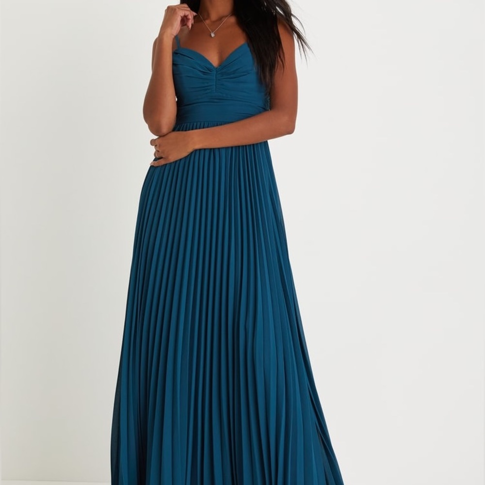Lulus Sensational Charmer Teal Blue Pleated Sleeveless Maxi Dress